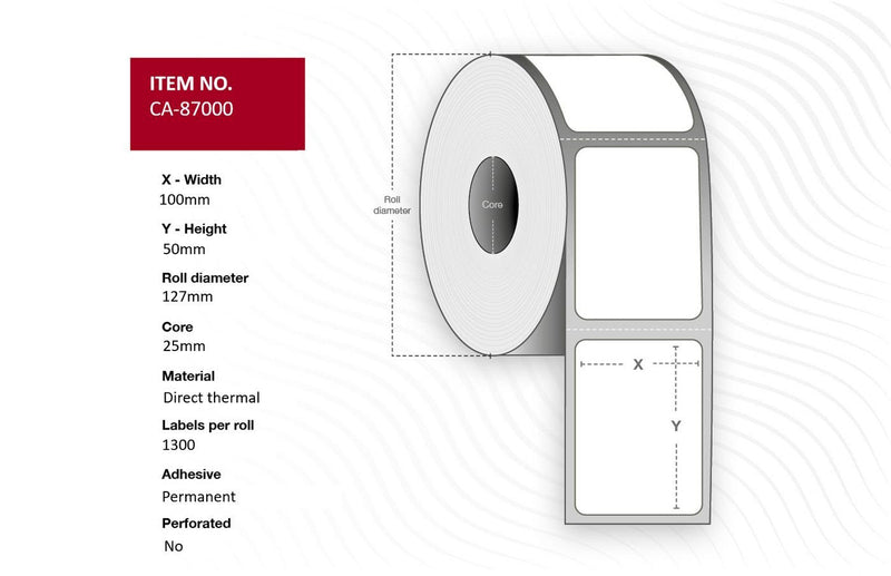 Label 100 X 50MM Core 25MM, Direct Thermal, Coated,