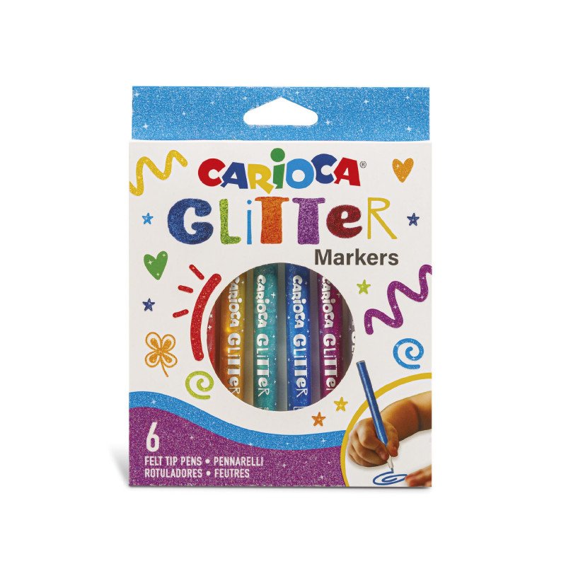 Carioca Glitter Box 6 Markers - Punta Ø 1MM - Ink Liquida a Base Water - Punta High Quality - Efecto