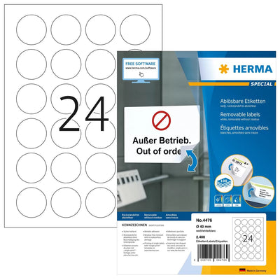 Herma Removable Round Labels 40 100 Sheet Din A4 2400 Pcs. 4476 Etqiuetas — image 1