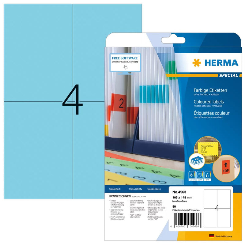 Herma Labels A4 Blue 105X148MM Paper Matte Removible 80 Pieces