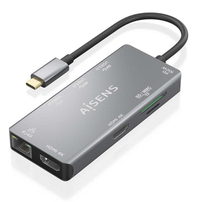Aisens USB-C Dock 9 1, USB-C a 2x HDMI, 1x RJ45, 2x USB-A USB 3.0, 1x USB-A USB 2.0, 1x USB-C Pd, 1XSD, 1XMICR — image 1