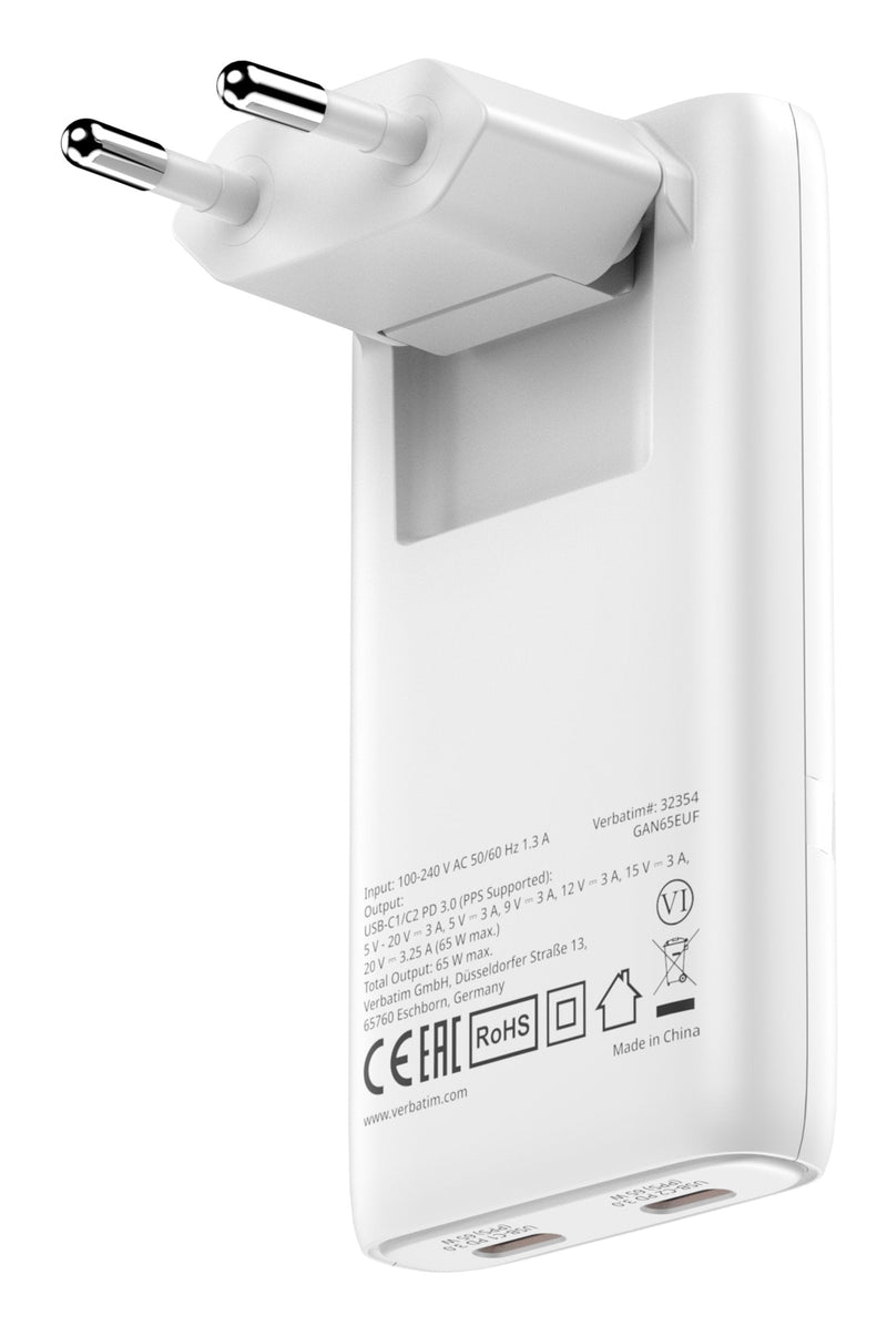 Verbatim Wall Charger GaN Fold 'n' Go 2x USB Type-c 65W