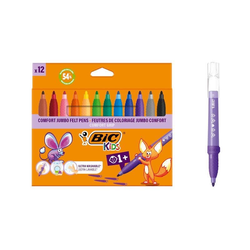 Bic Kids Comfort Jumbo Pack 12 Markers With Ink Washable - Easy Limpiar - Agarre Non-slip - Colours