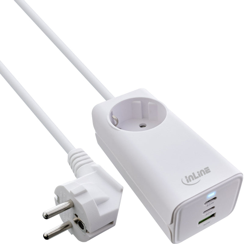 Inline® USB Power Supply, 65W Charger, 2x USB-C + 1x Usb-a, With Safety Socket And 1.5M Cable PD 3.0 Pps GaN,