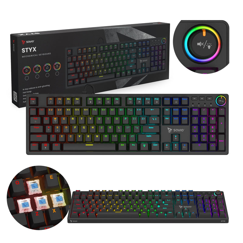 Savio Styx Outemu Blue, Hot Swap, RGB Keyboard Set USB QWERTY Internacional Ee.uu. Black