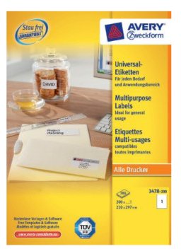 Avery Zweckform Labels 3478-200 White 210,0 X 297,0MM
