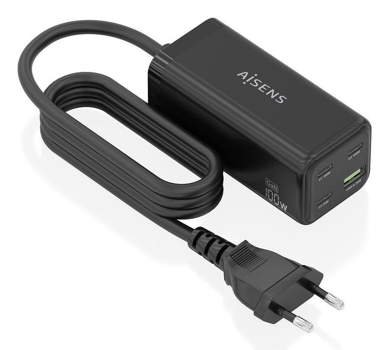 Aisens Charger Desktop GaN 100W, 3x USB-C PD 3.0 QC4.0 QC5.0, 1x USB-A QC3.0, Black