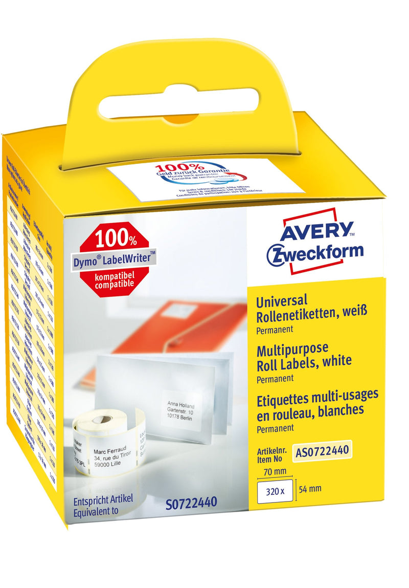 Avery Zweckform Roll Labels Printer Labels AS0722440 White 70,0 X 54,0MM, 1 X 320 Labels