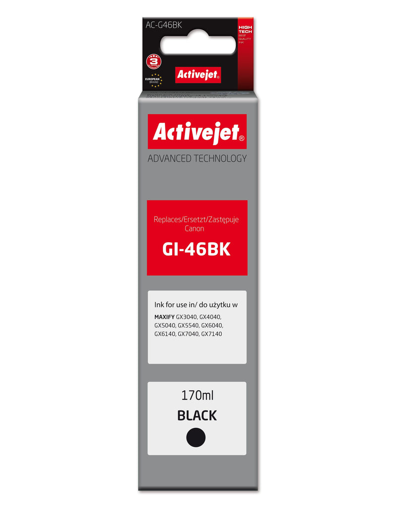 Activejet AC-G46BK Ink Cartridge Printer Canon, Equivalente Canon GI-46BK, Supreme, 170ML, Black
