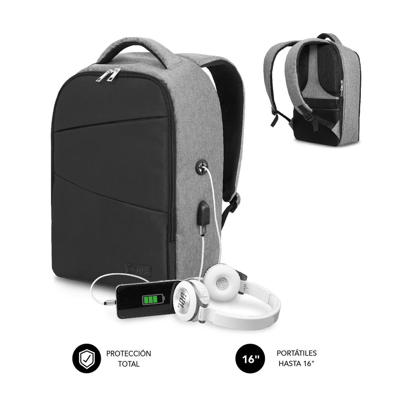 Subblim Backpack Secure V2 Ap Antirobo 16'' Grey Opening Double Zip/ Port USB/ Handle Mano Top