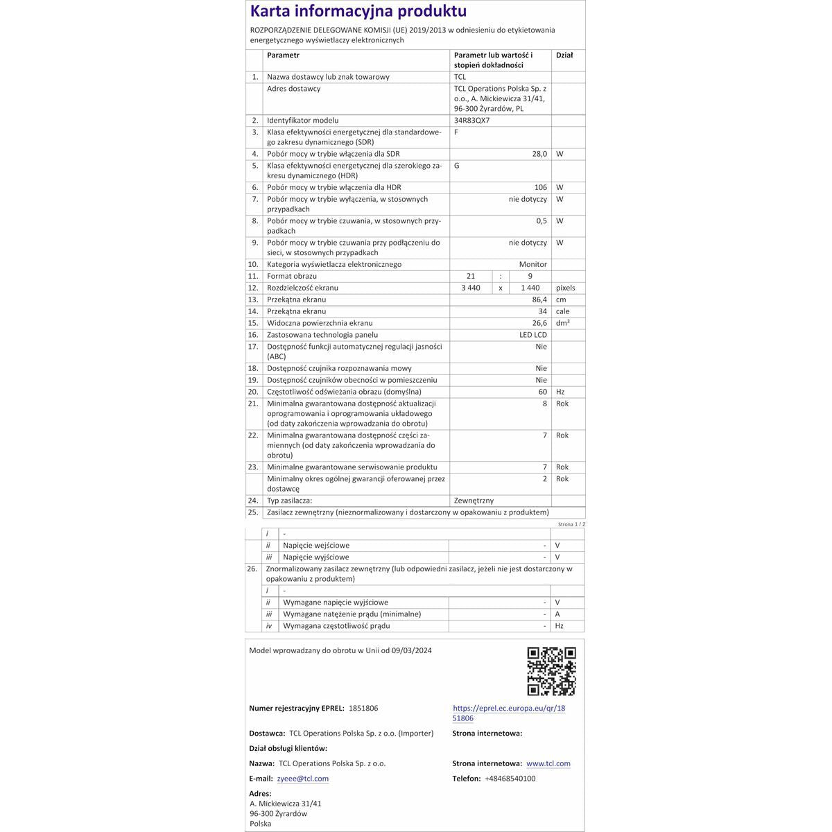 Tcl Monitor Tcl 34R83Q Lcd 37"