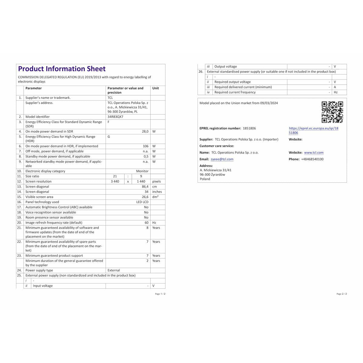 Tcl Monitor Tcl 34R83Q Lcd 37"
