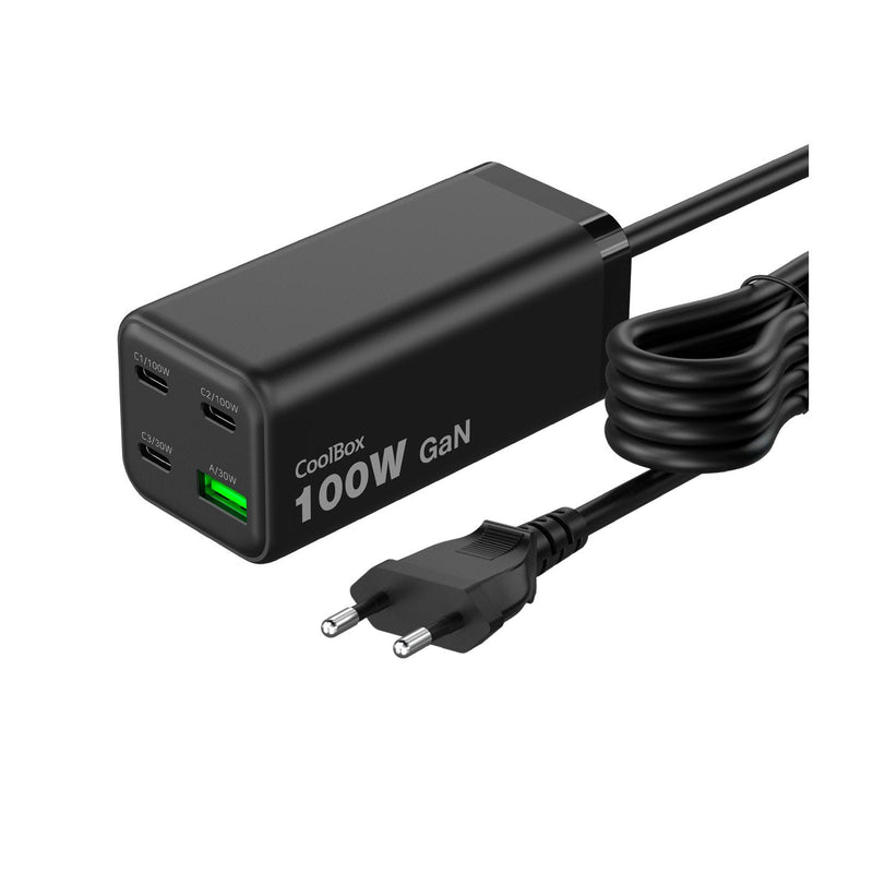 Coolbox Charger GaN 100W Chargemaster 4 Pro - 3x USB-C - 1x USB-A - Charging Fast 3.0- Power Delivery - Cable