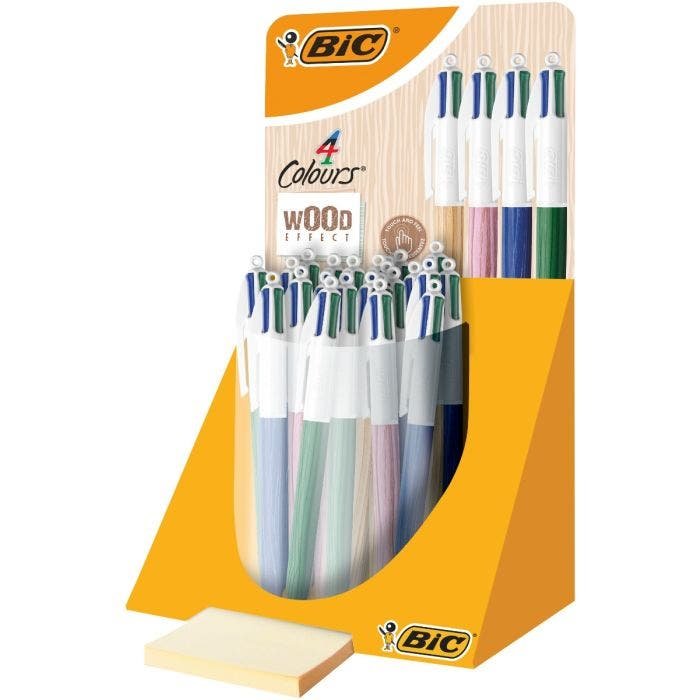 Bic 4 Colours Wood Style Expositor 30 Pens Bola Retractiles - Punta Media 1.0MM - Ink With Base Oil - Dise