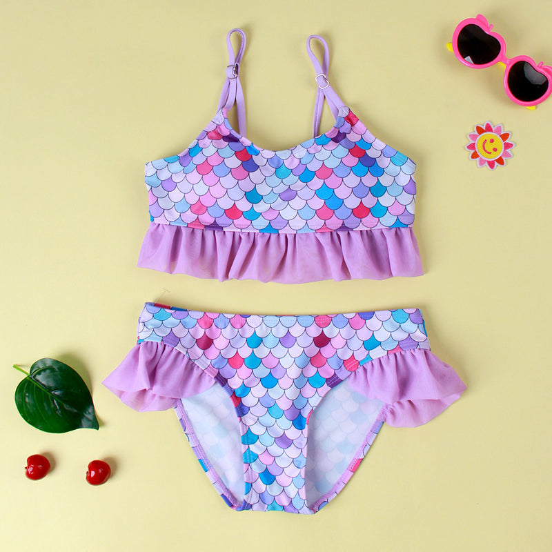 Girls' Scale Printed Flounced Gradient One-piece Swimsuit