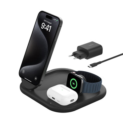 Belkin 3-IN-1 Base Charging Wireless Magnetic Foldable With QI2 + Power Adapter Ca 15 Watts Fast Charge Black — image 1