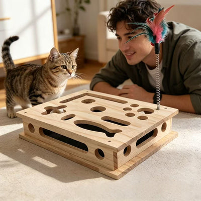 Wooden Fun Cat Scratching Box For Teasing And Self-Entertainment