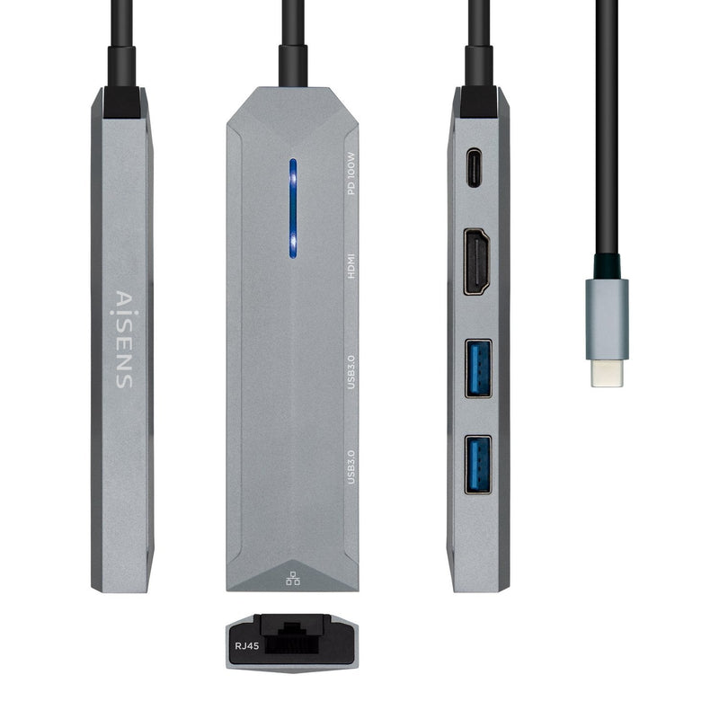 Aisens USB-C Dock 5 1 - USB-C a 1x HDMI - 1x RJ45 - 2x USB - 1XPD - 15CM - Grey