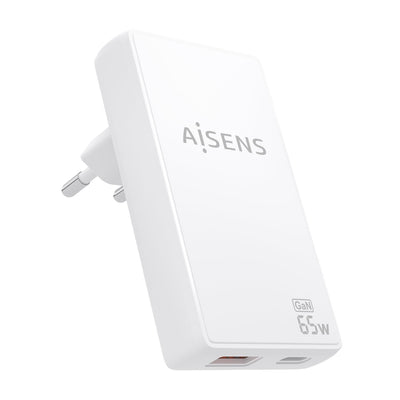 Aisens Wall Charger GaN Ultra Slim 65W, 1x USB-C PD 3.0 QC4.0, 1x USB-A QC3.0, White — image 1