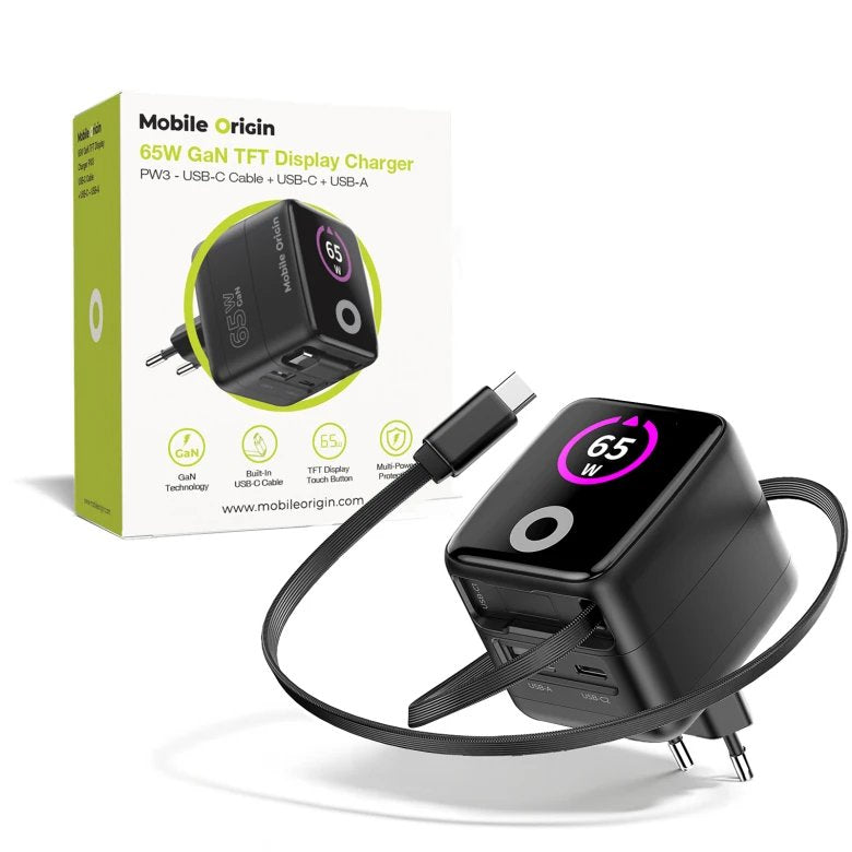 Mobile Origin 65W GaN Charger PW3 USB-C Ret. Cable 65CM + USB-A