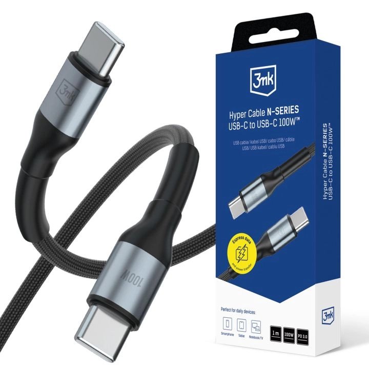 3MK Cable Hyper N-series C To C 1M PD 3.0 Qc 3.0 20V 5A 100W Black