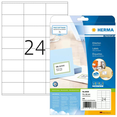 Herma Labels 70X36 White Matte 10 Sheets Din A4 240 Pcs. 8638 Labels — image 1