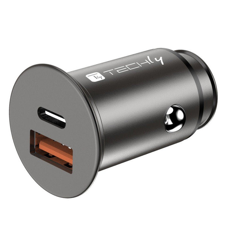 Techly Mini Car Charger USB-A And USB-C Fast Charge 3.0 38W Black Metal