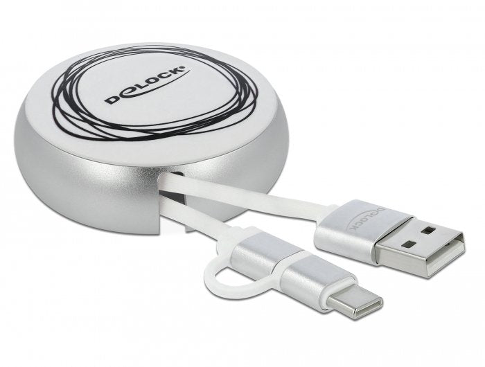 Delock USB 2.0 2 In 1 Cable Retractable Type a Micro-b And Lightning 8 Pin White Gold