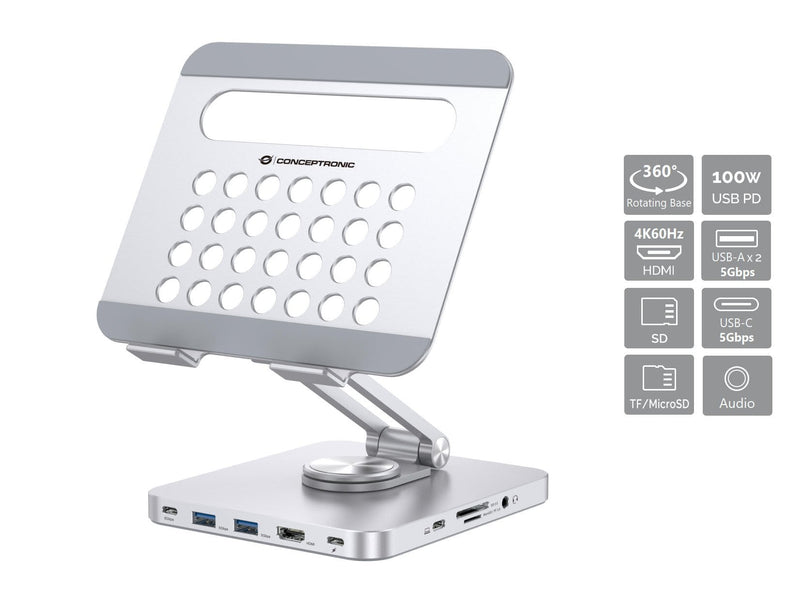 Conceptronic Docking USB-C Stand 1XHDMI4K 2x USB-A 3.0 1x USB-C 1x USB-C PD100W 1X3,5MM 1XSD/Sdmicro