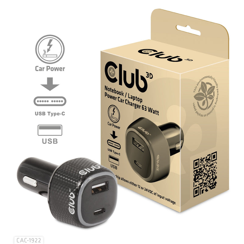 Car Charger USB CLUB3D 1x USB C, 1x USB a, 63W, 12 24V