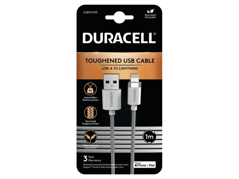Duracell 1M USB-A To Lightning Braided Apple Iphone/Ipad Lightning - White USB7012W