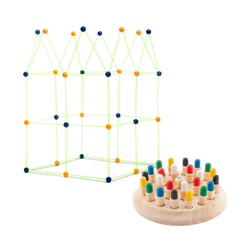 Pack Wooden Memory Chess and Children’s Fort Building Kit InnovaGoods