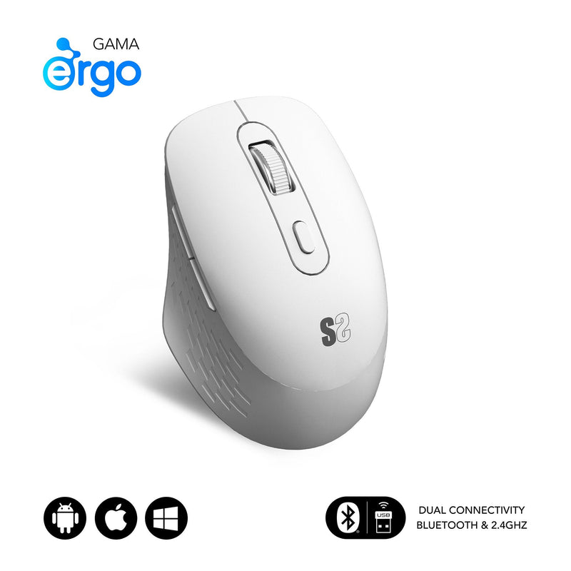 Subblim Mouse Curve Ergo Dual Wireless Bluetooth, USB 2.4GHZ 1600DPI - 5 Buttons - Uso Diestro - White