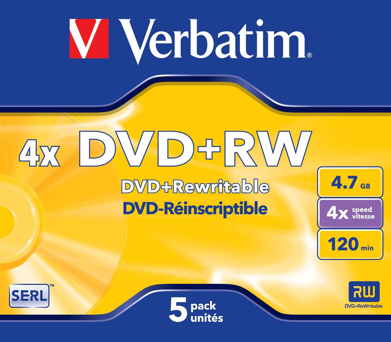 Verbatim Dvd + Rw, 4.7GB, 4X, 5 Pack Jewel Case, Surface Matt Silver