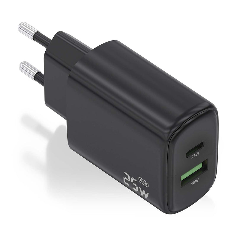 Aisens Charger 25W, 1x USB-C PD 3.0, 1x USB-A QC3.0, Black
