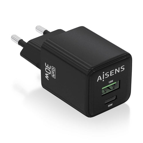 Aisens Charger GaN 30W, 1x USB-C PD 3.0 QC4.0, 1x USB-A QC3.0, Black — image 1