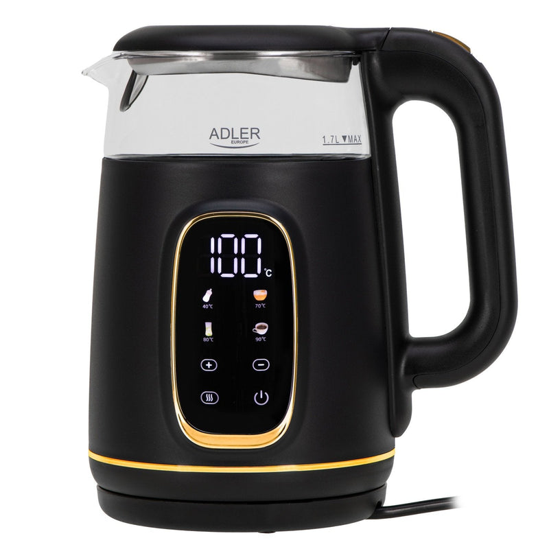 Adler Ad 1305 Electric Kettle, Glass With LED Display & Temperature Regulation, 1.7L, Black Gold