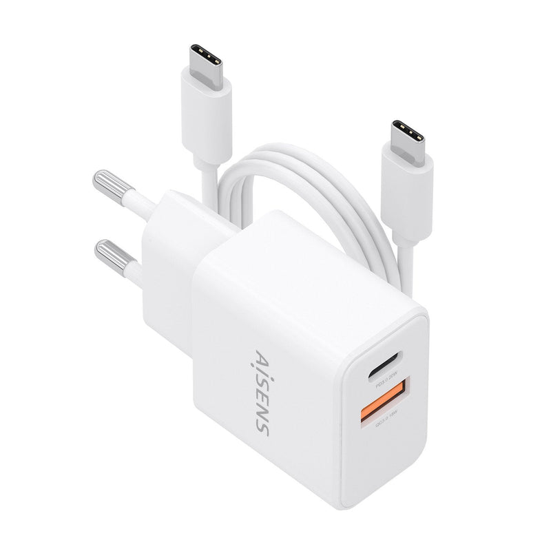 Aisens Charger GaN 20W With USB Cable -c 1M, 1x USB-C PD 3.0, 1x USB-A QC3.0, White