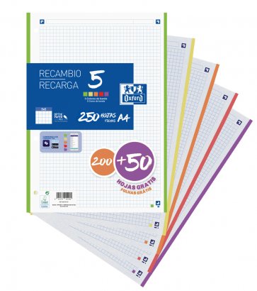 Oxford Spare Part 200 + 50 Hojas A4 Microperforadas 4 Cuadrícula 5X5MM 90GR 5 Bandas Colours Vivos