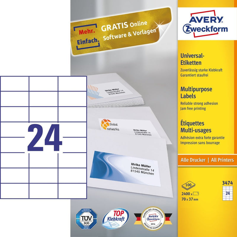 Avery 3474 Label Self-adhesive Rectángulo Permanente White 2400 Pieces