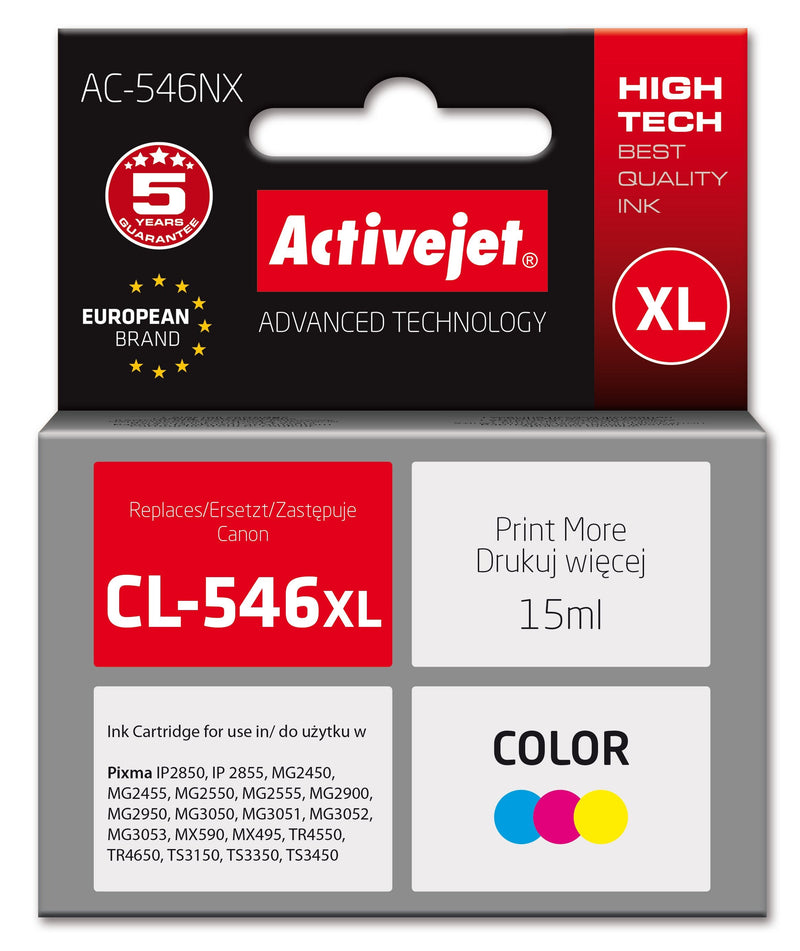 Activejet Ink Printer AC-546NX Canon, Spare Part Canon CL-546XL Supreme 15ML Colour Cyan Magenta Yellow