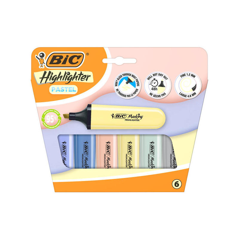 Bic Marking Highlighter Flat Pastel Mineral Pack 6 Marcadores Fluorescentes - Punta Biselada - Trazo Entre 1.2