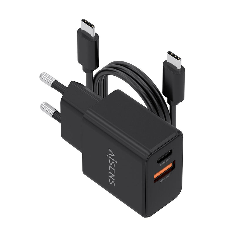 Aisens Charger GaN 20W With USB Cable -c 1M, 1x USB-C PD 3.0, 1x USB-A QC3.0, Black