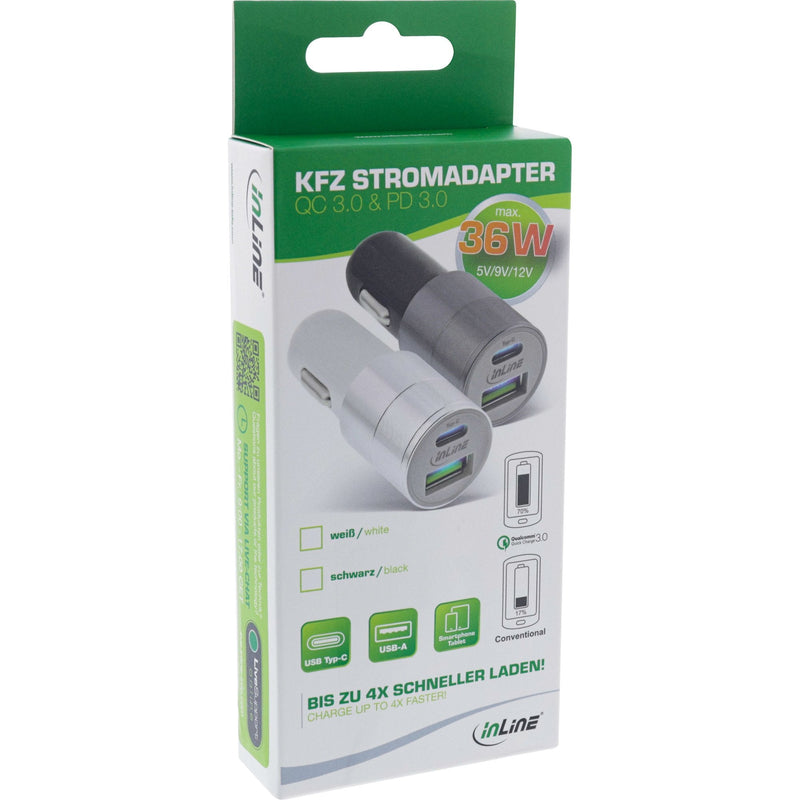 Inline Car Charger USB Quick Charge 3.0, 12/24VDC - 5V DC/3A, USB-A + USB Type-c, White