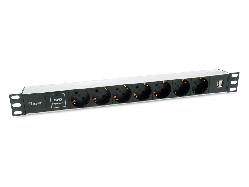 Power Strip Power Aluminium Rack 19 1U 7 Sockets Type Shucko Euro + 2 Sockets USB With Protector Spd Cable 1.8
