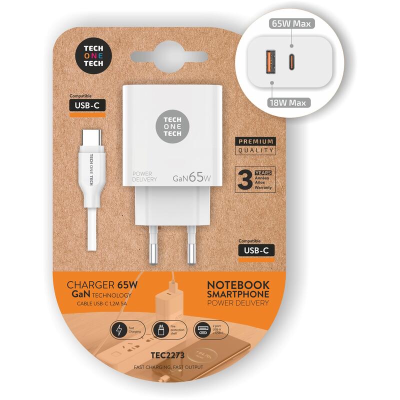 Tech One Tech Wall Charger GaN Pd TEC2273 1x USB Type-c 1x USB 65W