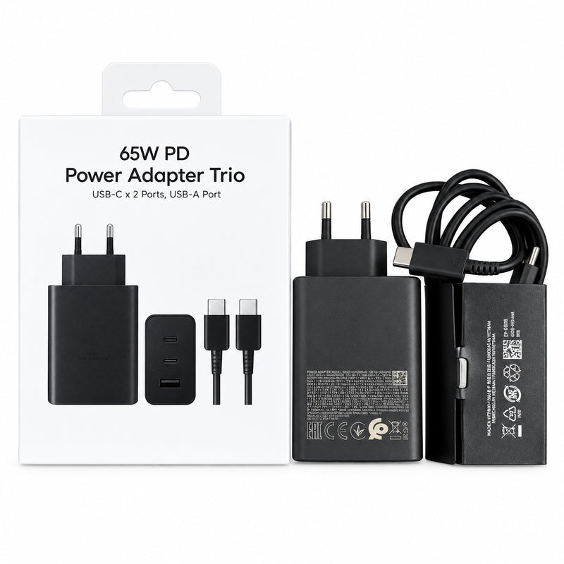 Fast Charger 65W PD 3 Ports - 2 USB-C + 1 USB-A - With USB Cable -c - Black