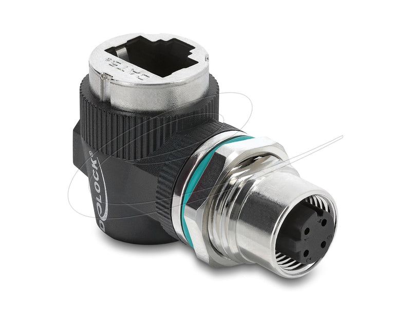 Delock M12 Adapter D-kodiert 4 Pin Connector Female a RJ45 Connector Female Assembly Round 90° Angulado