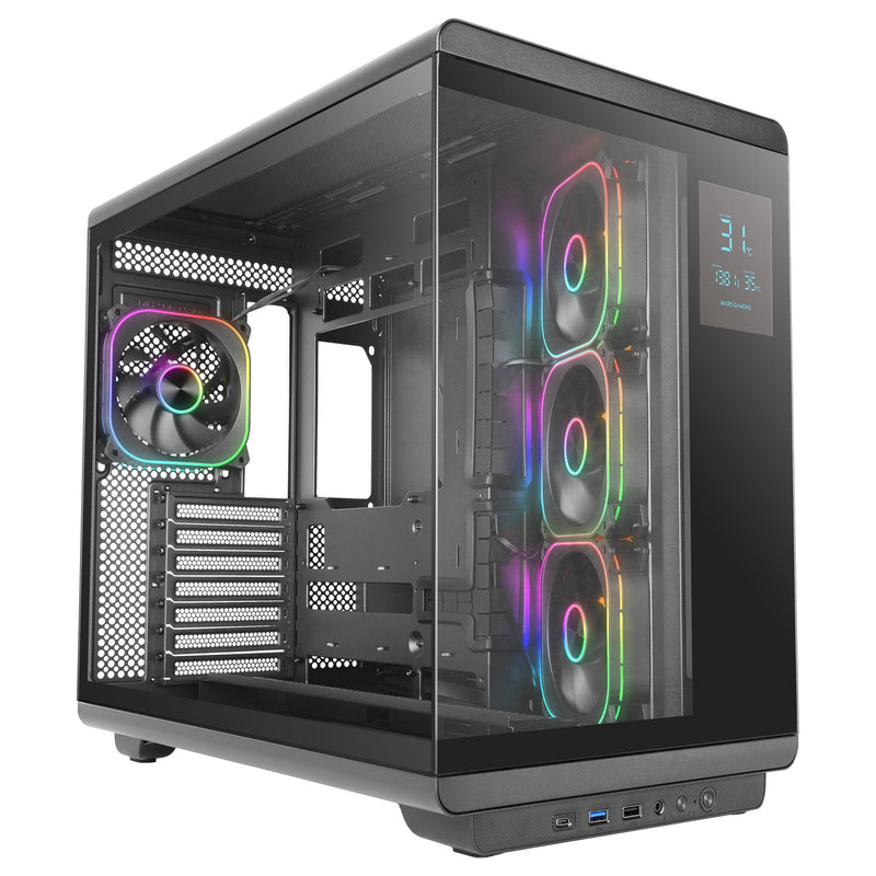 Mars Gaming PC Case ATX Mc-revpro Screen LCD 4.3 Glass Tempered 4X Fans ARGB Black