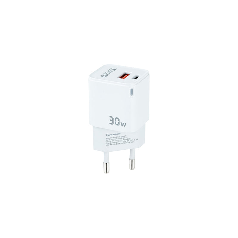 TooQ Wall Charger GaN USB-C/Pd + USB-A/Qc 30W - White